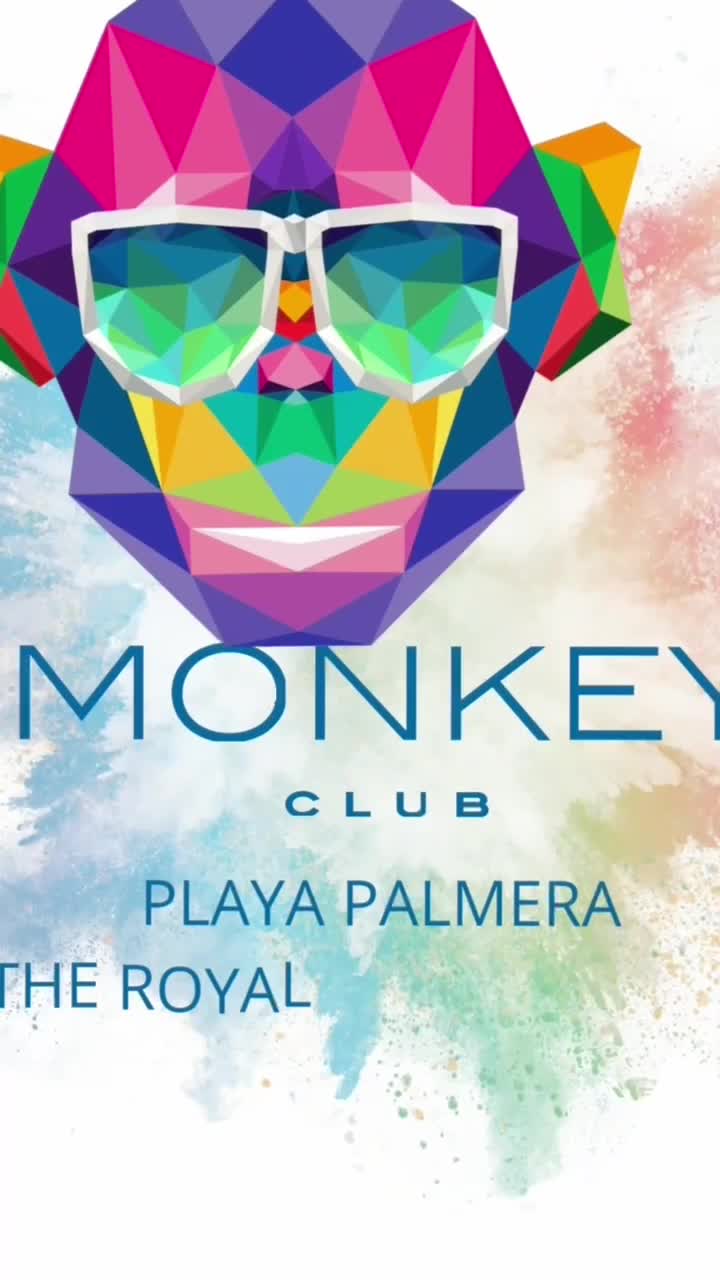 Night party at Monkey Club in Playa Palmera, colorful lights, dancing guests. 